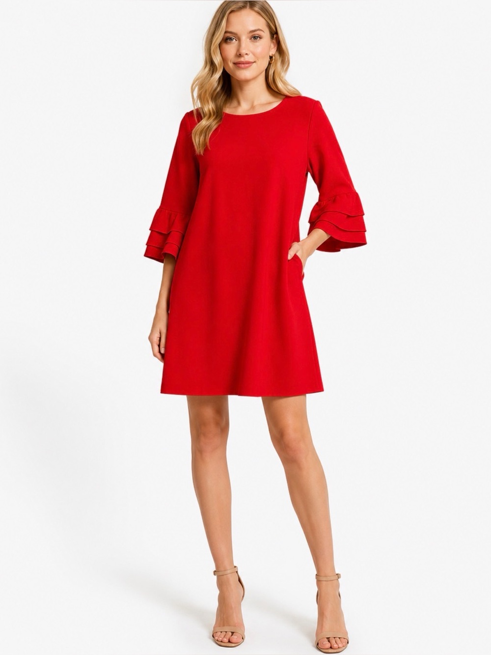 Taylor Red Shift Dress Bell Sleeve Crew Neck Size 8